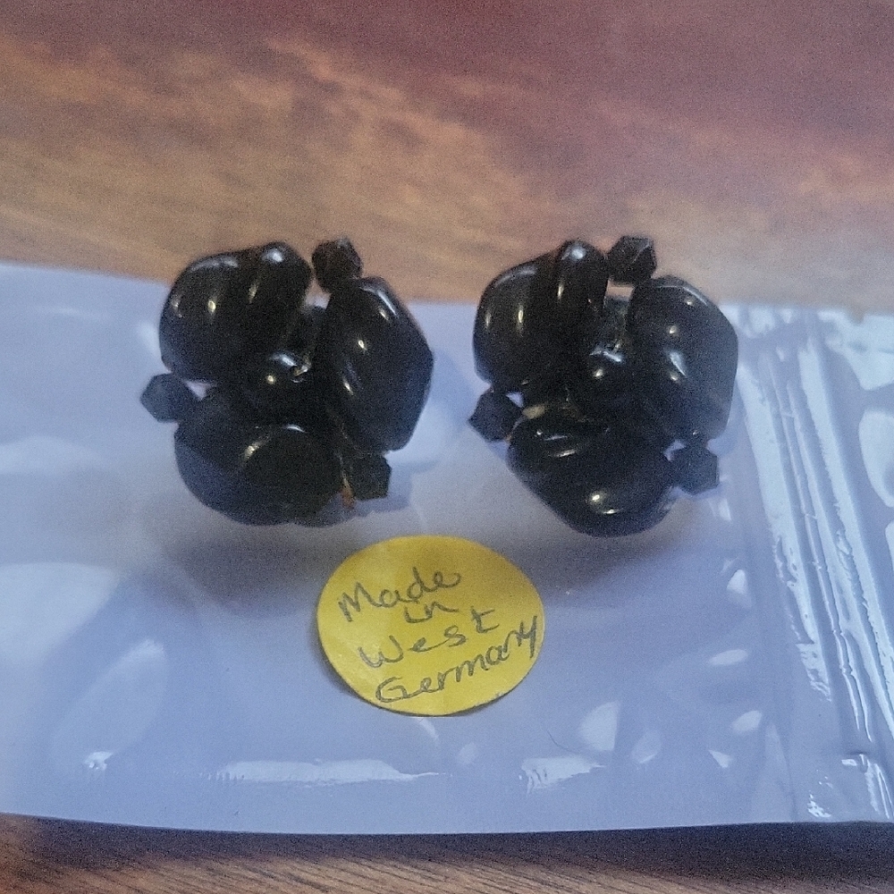 West Germany~Black Beaded Earrings~ Clip On